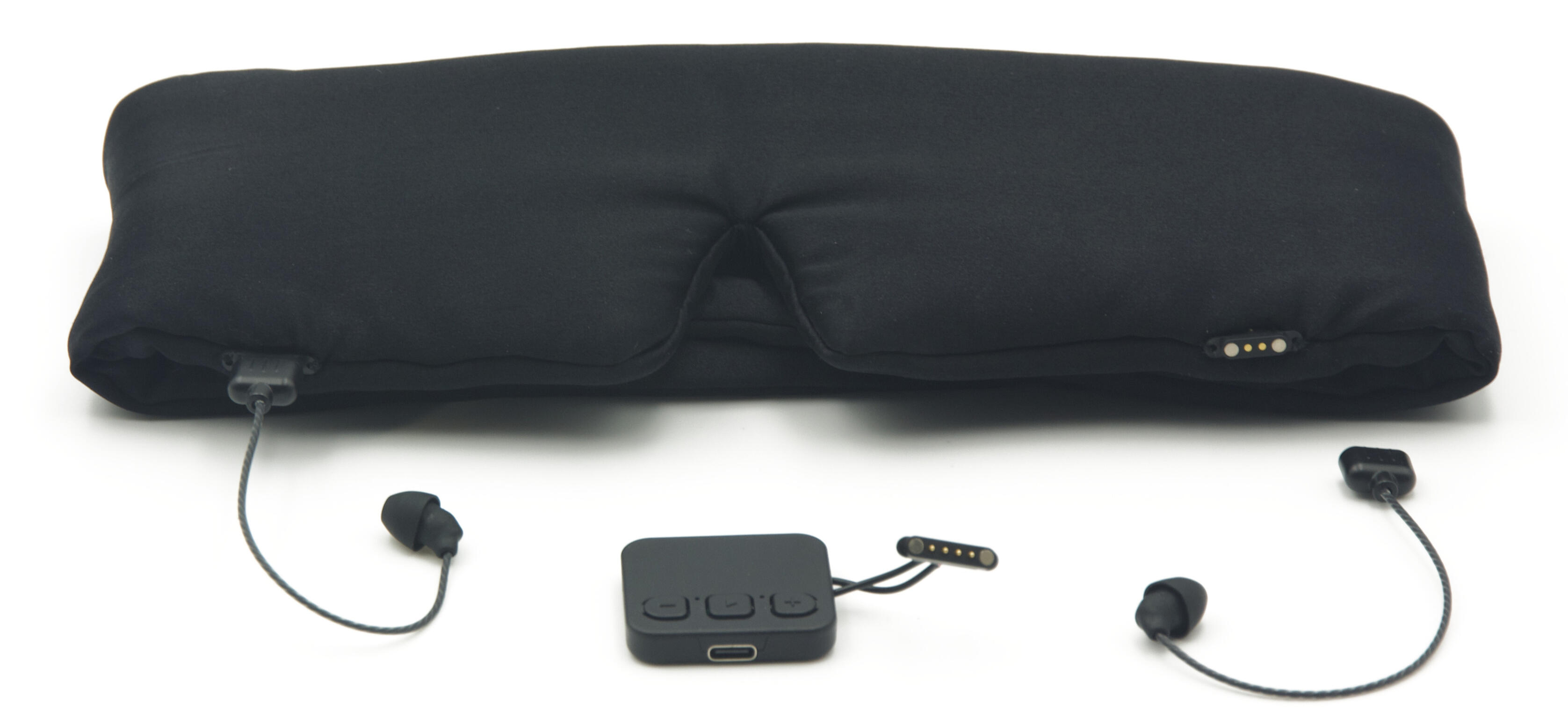 Black sleep mask with two detachable short-lead earbuds and a separate control module.
