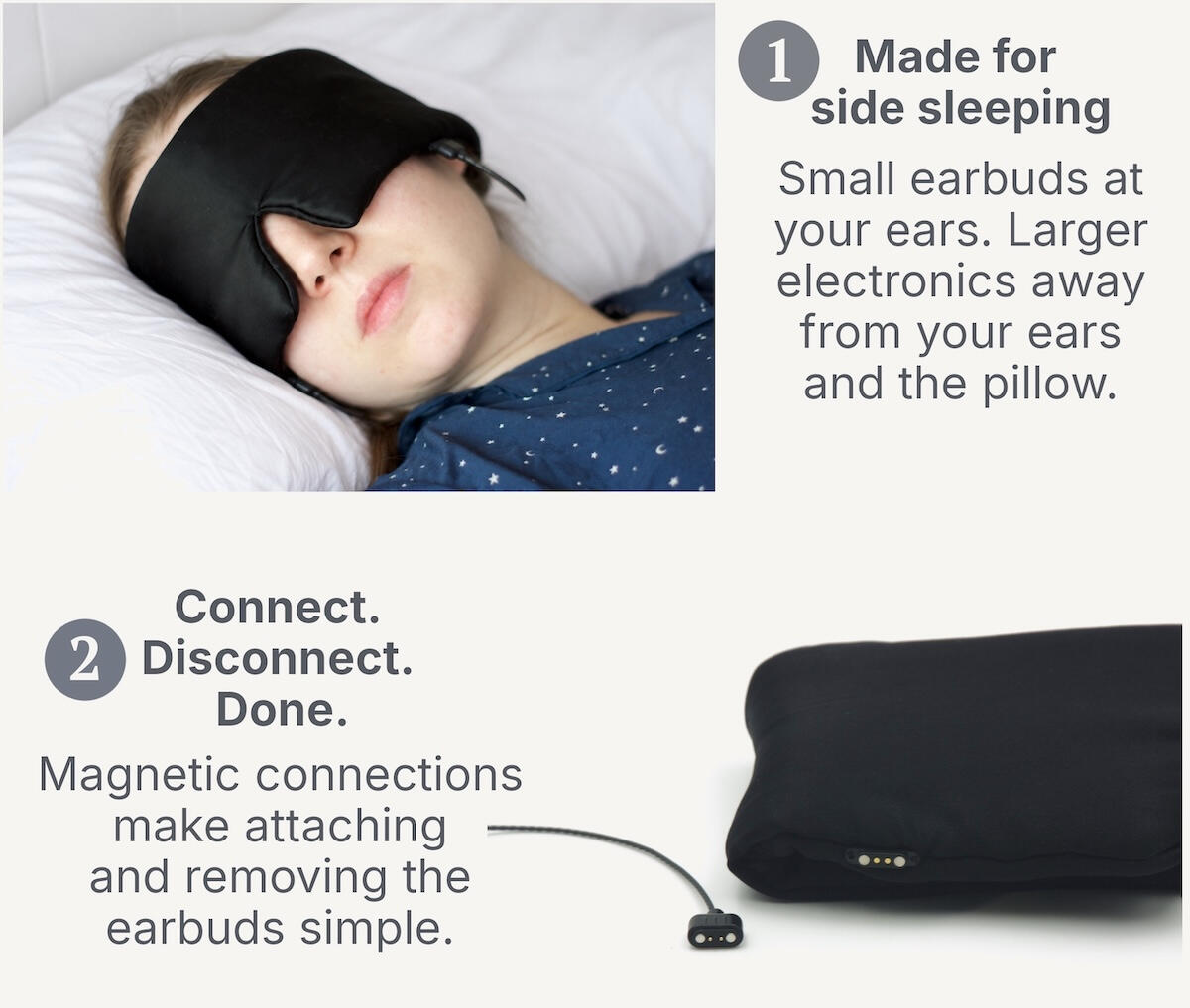 In-Ear Audio Sleep Mask Designed for Side Sleepers Side sleeper wearing the 31st St Project silk audio sleep mask with small, soft in-ear sleep earbuds.