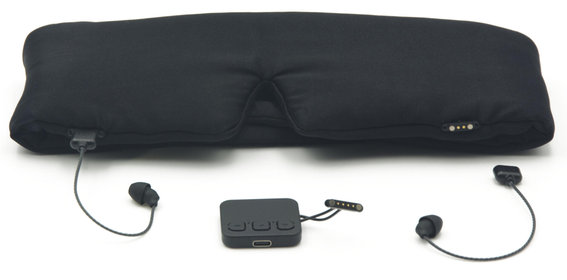 31st St Project Silk In-Ear Audio Sleep Mask for Side Sleepers 31st St Project silk audio sleep mask with small, soft in-ear sleep earbuds, short leads, and a removable Bluetooth control module.