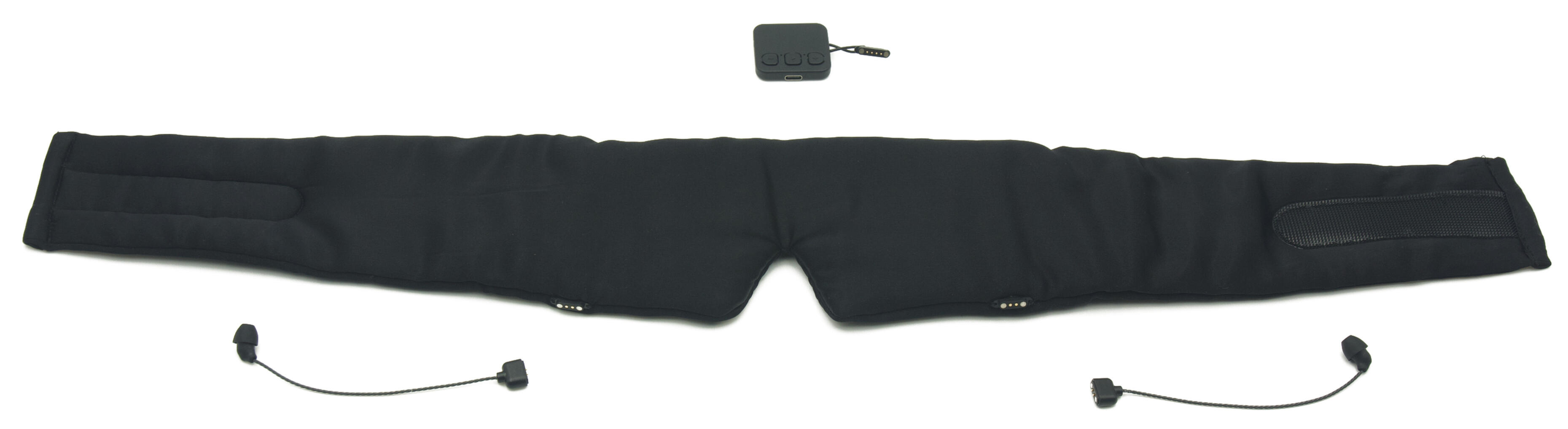 Black sleep mask with two detachable short-lead earbuds and a separate control module.