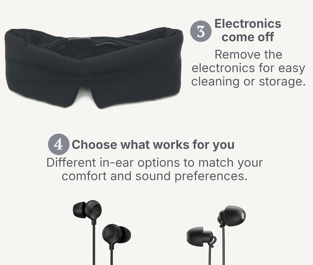Side sleeper wearing the 31st St Project silk audio sleep mask with small, soft in-ear sleep earbuds.